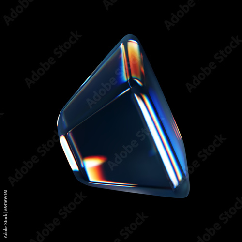 3d crystal glass cube with refraction and holographic effect isolated on black background. Render transparent glass rotate box with overlay dispersion light, rainbow gradient. 3d vector illustration