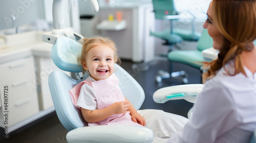 Generative AI  a small child  a baby with an open mouth sits in a chair at the dentist  dental treatment  a children s clinic  a tooth filling  a snow-white smile  healthy teeth  a patient  doctor