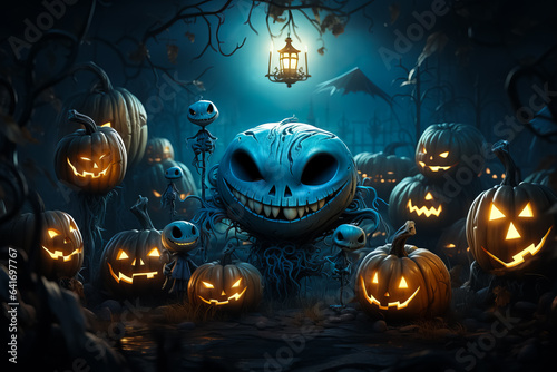 scary monster creature, Jack o lantern pumpkins and candles in scary foggy forest, Halloween concep