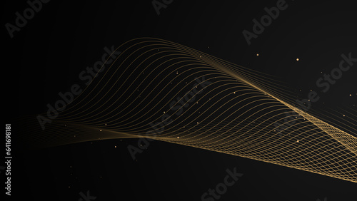 Dark grey black abstract background with golden particles. Wavy curve lines design. Smoky festive backdrop. Magical Christmas elegant blank banner. Luxury premium glowing BG Deluxe exclusive sale 2024