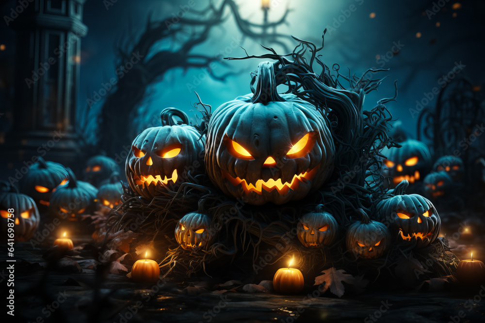 Jack o lantern pumpkins and candles in a scary foggy forest, Halloween concept