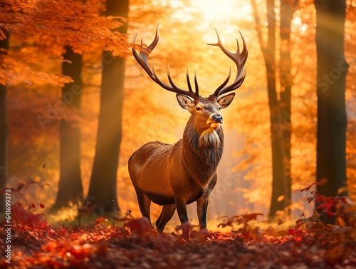 The Taurus elk with broad, large, and branched antlers in a autumn background
