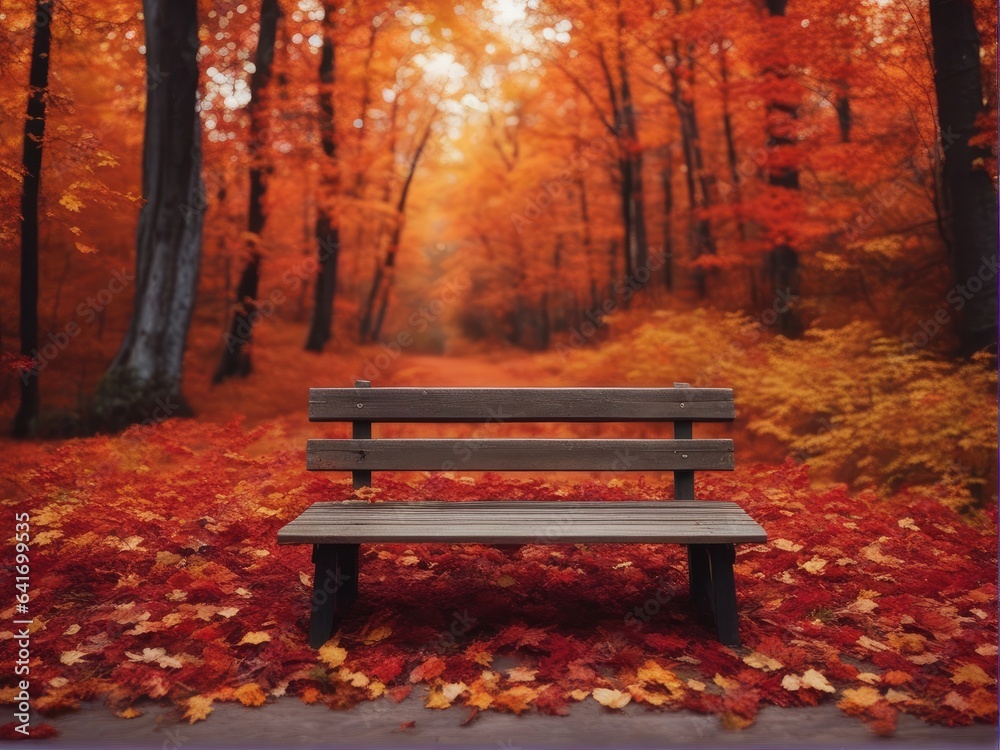 Autumn leaves and wooden park bench backdrop