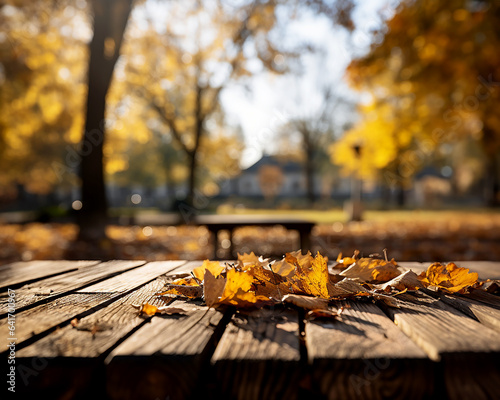 Orange and yellow dry leaves on wooden boards against the background of blurred foliage of trees in a beautiful autumn park