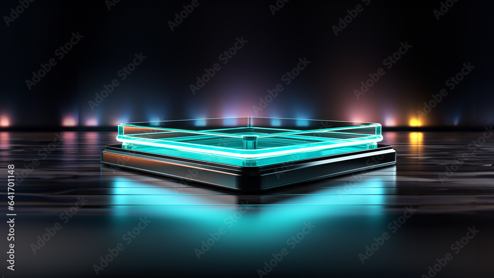 Rectangular modern neon podium in an imaginary virtual studio Rectangular modern neon podium in an imaginary virtual studio