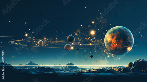 Abstract celestial bodies formed from clusters of geometric patterns, floating in a graphic sky photo