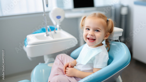 Generative AI, a small child, a baby with an open mouth sits in a chair at the dentist, dental treatment, a children's clinic, a tooth filling, a snow-white smile, healthy teeth, a patient, doctor