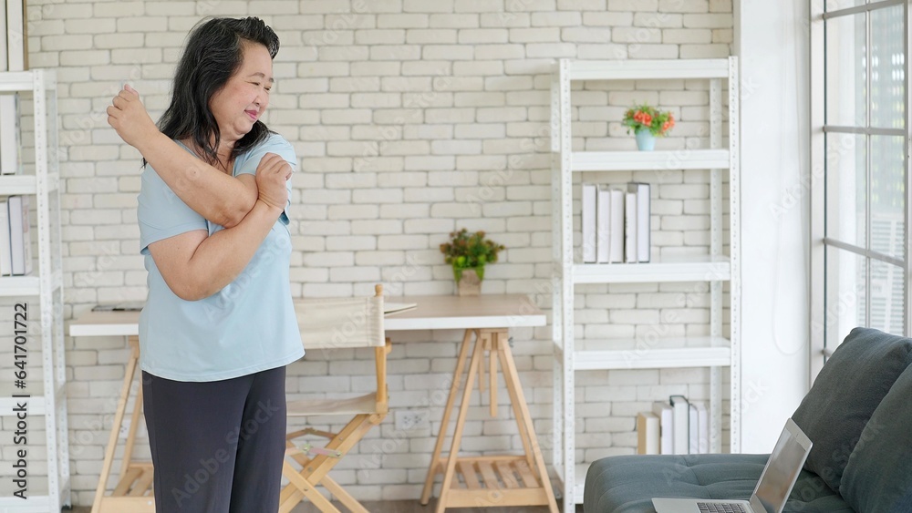 Asian elderly woman in activewear watching online courses on laptop while doing exercising at home. Elderly Sporty people lifestyle concept Asian elderly woman in activewear watching online courses on laptop while doing exercising at home. Elderly Sporty people lifestyle concept