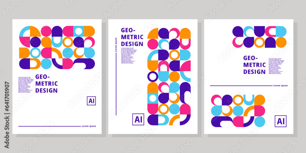 Poster design with abstract geometric shapes. Cards, flyers, banners with geometric elements. Templates for holidays, invitations, business and social media. Cards with mosaic pattern. Place for text.