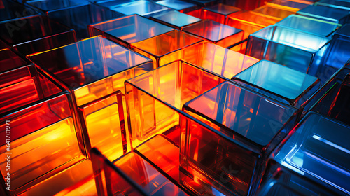 Shifting panels of geometric glass, reflecting and refracting ambient light