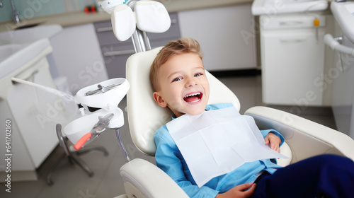 Generative AI  a small child  a baby with an open mouth sits in a chair at the dentist  dental treatment  a children s clinic  a tooth filling  a snow-white smile  healthy teeth  a patient  doctor