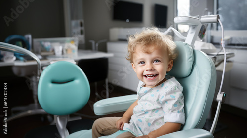 Generative AI, a small child, a baby with an open mouth sits in a chair at the dentist, dental treatment, a children's clinic, a tooth filling, a snow-white smile, healthy teeth, a patient, doctor