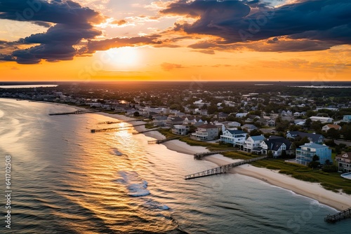 Aerial View of Jersey Shore at Sunset near Manasquan Beach in New Jersey. Ocean Waves Meet the Shore in this Drone Shot