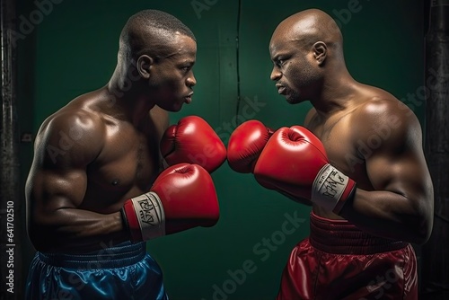 African American Boxers Sparring. Two Men Upping Each Others Game in Protective Gear Practicing Physical Exercise © AIGen