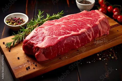 Aged Black Angus Beefsteak Cut. Raw Organic New York Strip Steak with Visible Marbling and Red Eye Ready for Bar-B-Q or Grilling