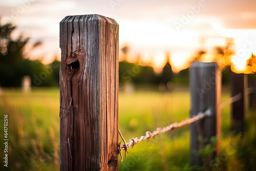 Beautiful Fence Post Separating Dog Owners Area in Public Park. Shallow Focus on Brown Wooden Barrier in Bright Daylight