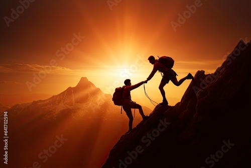 Help and Assistance Concept. Teamwork and Unity of Two People Climbing a Mountain, Supporting and Helping Each Other. Silhouettes of Hiking Men