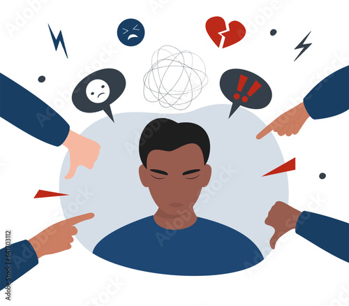 Bullying concept. Opinion and the pressure of society. Flat vector illustration of hate, violence, stress. Teen boy or man with a broken heart.