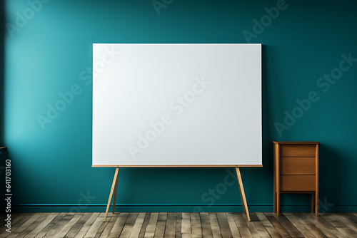 Plain white chalkboard on blue background, clean and sharp lighting, school.