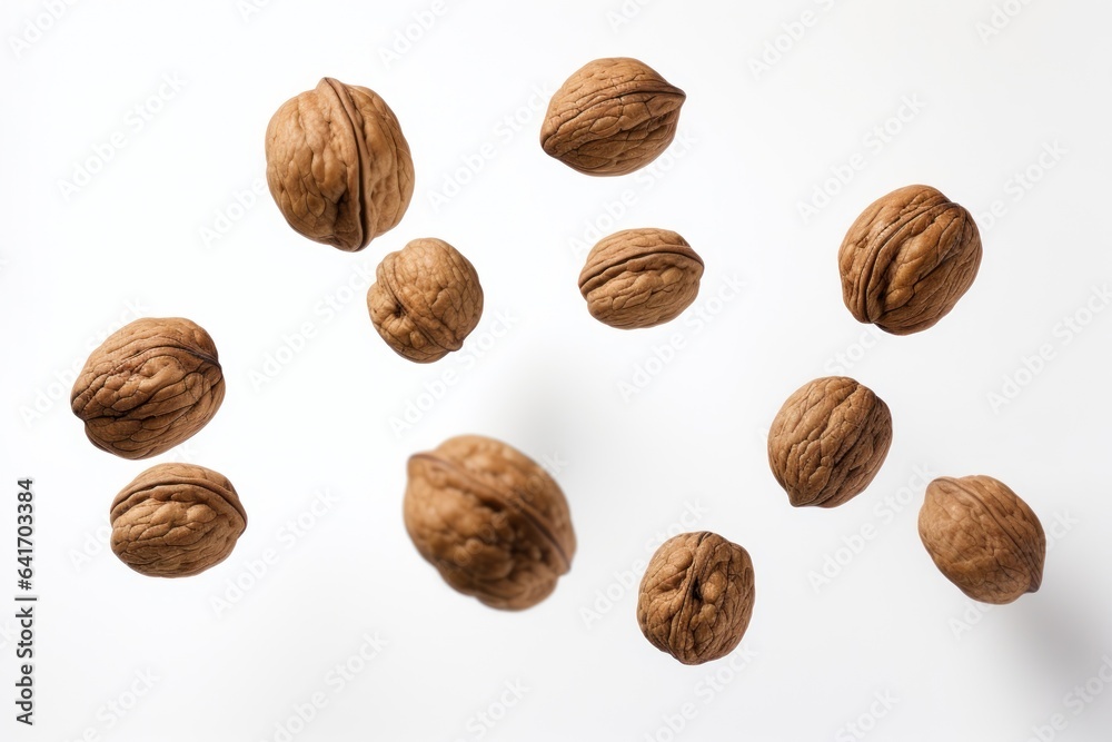 Walnuts suspended in mid-air isolated on white background. Generative AI Walnuts suspended in mid-air isolated on white background. Generative AI