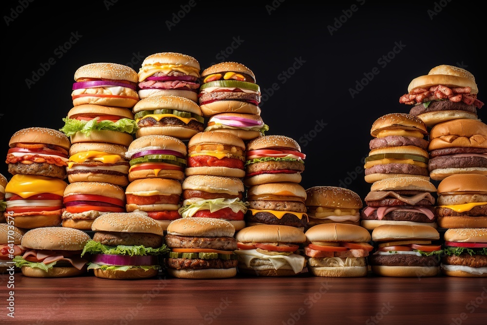 Mountains of delicious burgers and cheeseburgers on the table. Generative AI Mountains of delicious burgers and cheeseburgers on the table. Generative AI