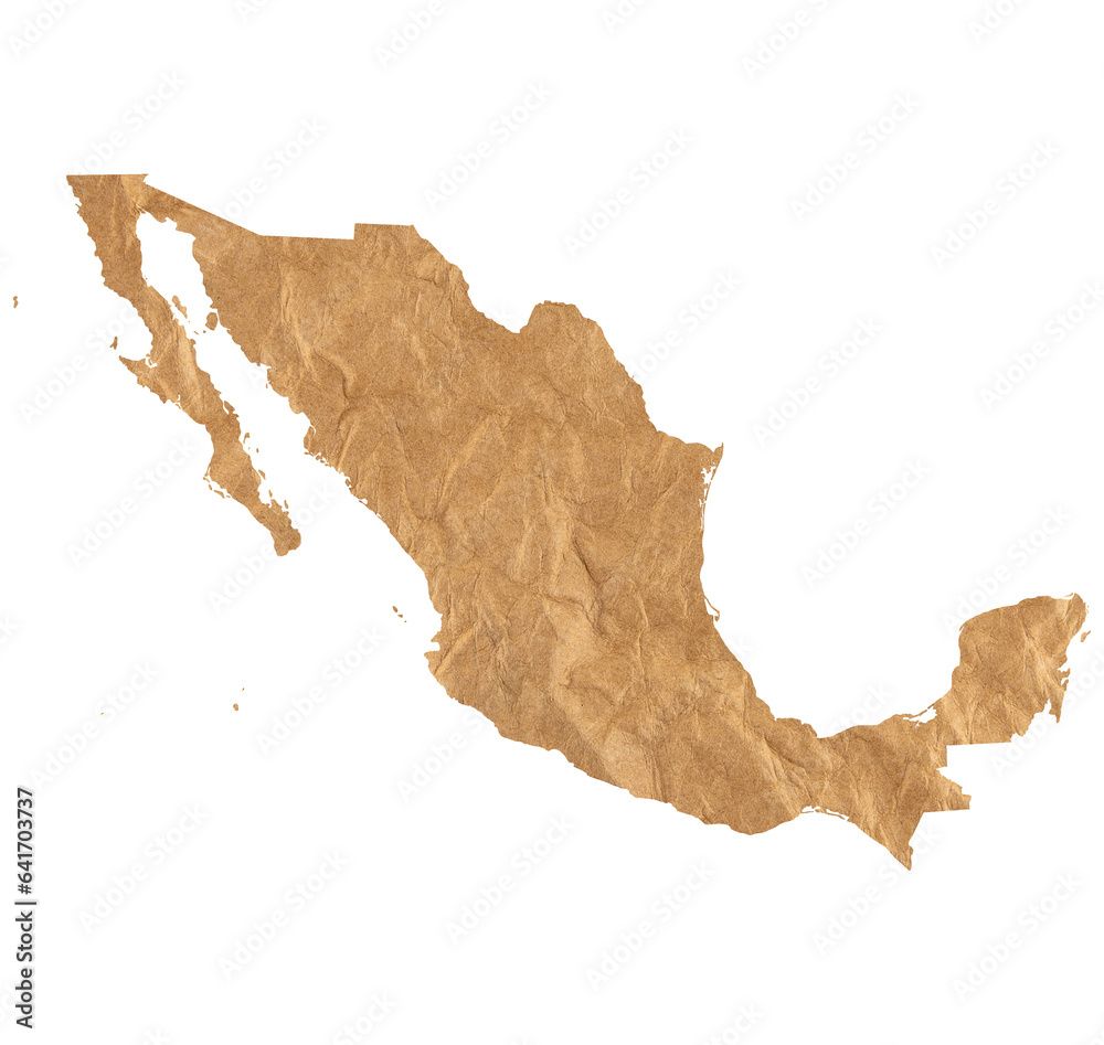 illustration of map of Mexico on old crumpled brown grunge paper