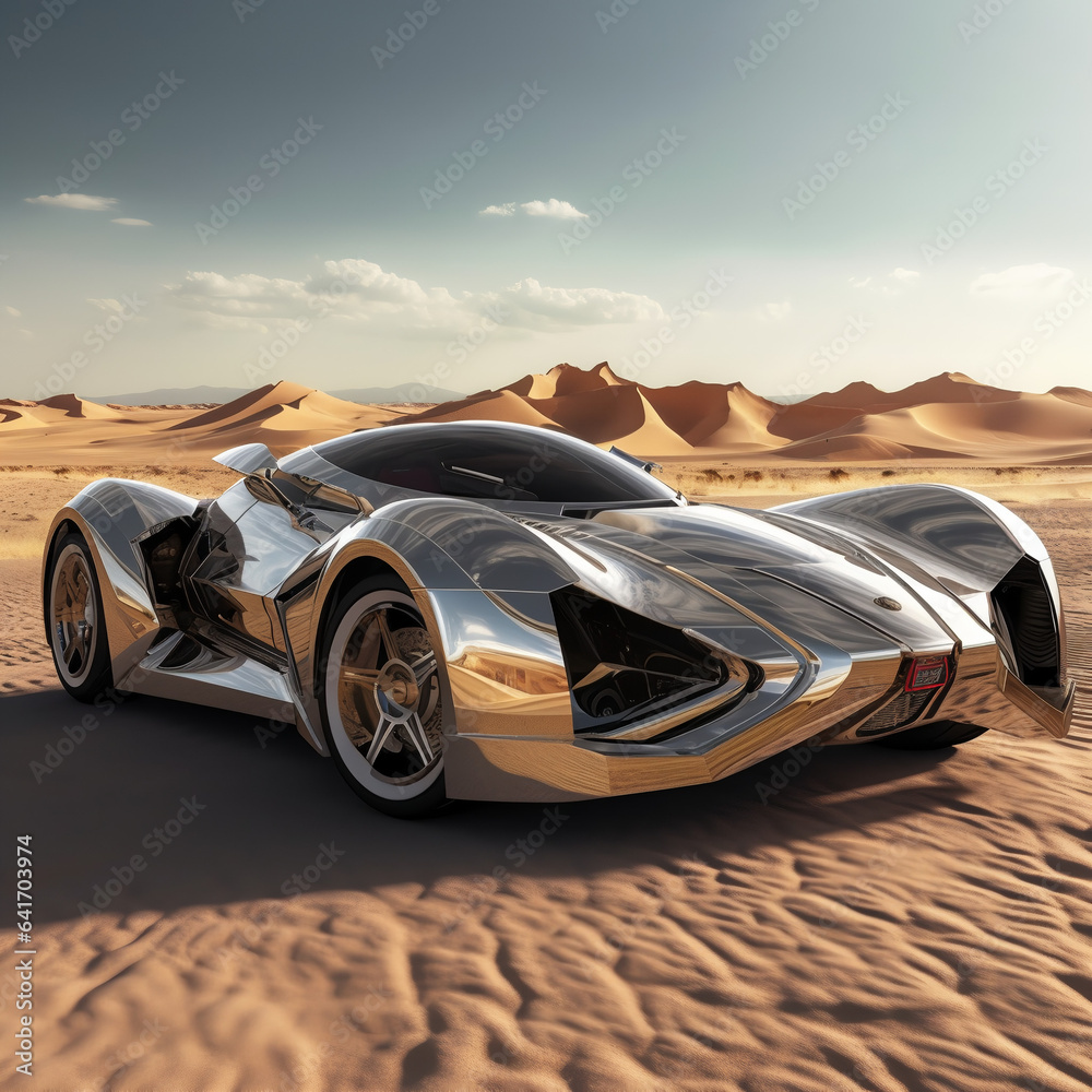 Silver mirror chrome car in desert. Concept futuristic car. 