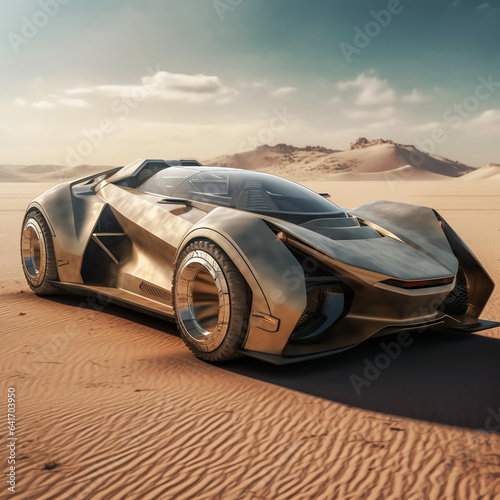 Silver mirror chrome car in desert. Concept futuristic car.  © Tanya
