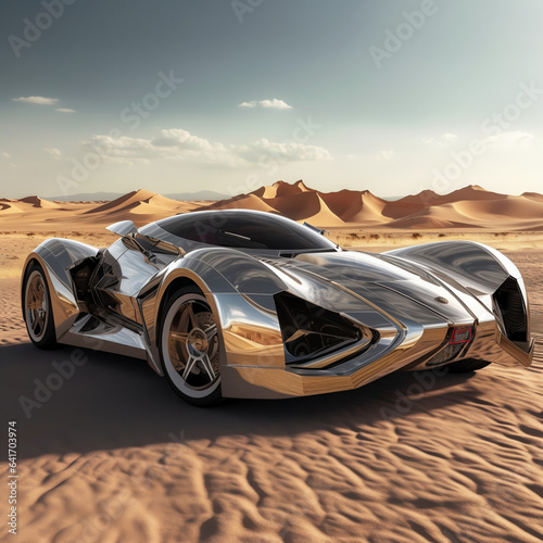 Silver mirror chrome car in desert. Concept futuristic car. 