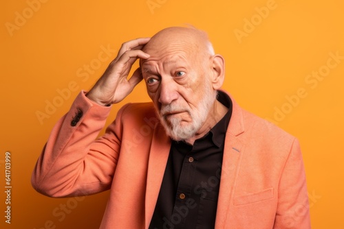 Medium shot portrait photography of a glad old man scratching head in gesture of confusion against a pastel orange background. With generative AI technology