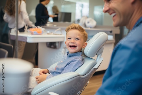 A cheerful young child sits in the dentist's chair, highlighting the importance of dental care. 'generative AI' 
