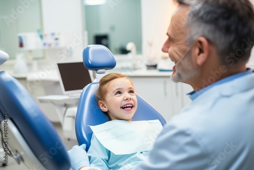 A cheerful young child sits in the dentist s chair  highlighting the importance of dental care.  generative AI 