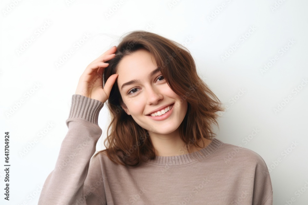 Lifestyle portrait photography of a grinning girl in her 20s making a gesture of i'm thinking with the finger on the head against a pearl white background. With generative AI technology Lifestyle portrait photography of a grinning girl in her 20s making a gesture of i'm thinking with the finger on the head against a pearl white background. With generative AI technology