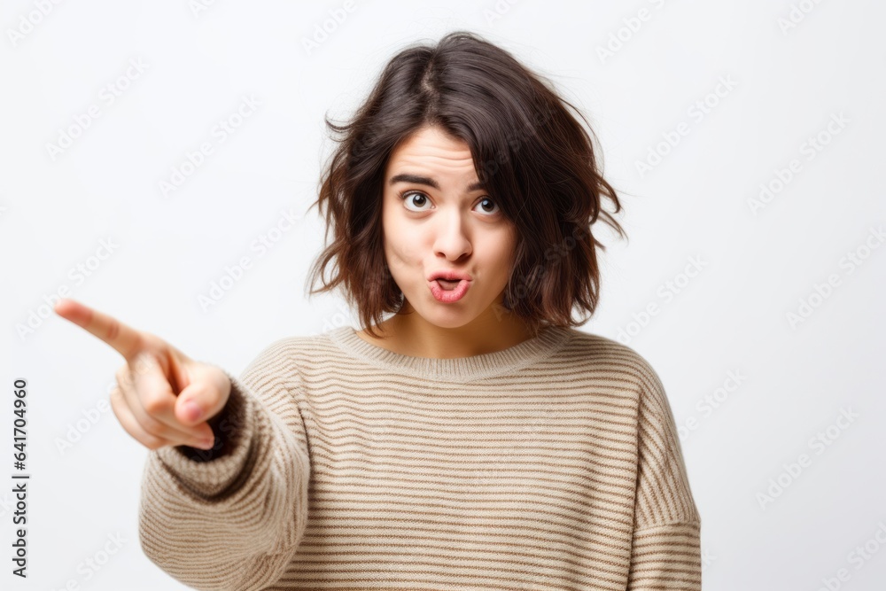 Medium shot portrait photography of a satisfied girl in her 20s doing loser gesture mocking against a pearl white background. With generative AI technology