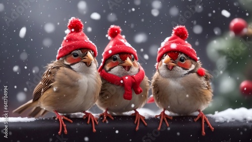 Sparrow wearing santa cap in the snow