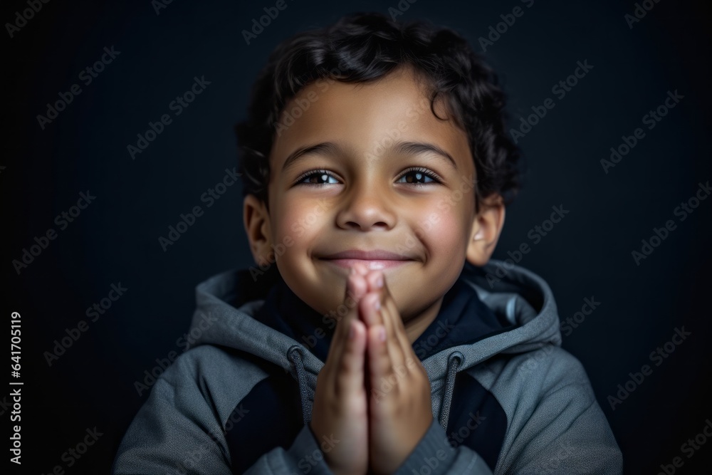 Close-up portrait photography of a joyful kid male joining palms in a gesture of gratitude against a metallic silver background. With generative AI technology Close-up portrait photography of a joyful kid male joining palms in a gesture of gratitude against a metallic silver background. With generative AI technology