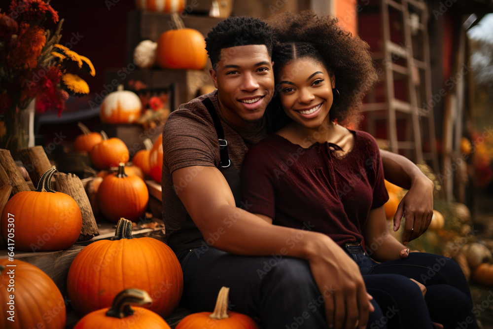 A smiling African American couple is sitting in their yard during Halloween A smiling African American couple is sitting in their yard during Halloween