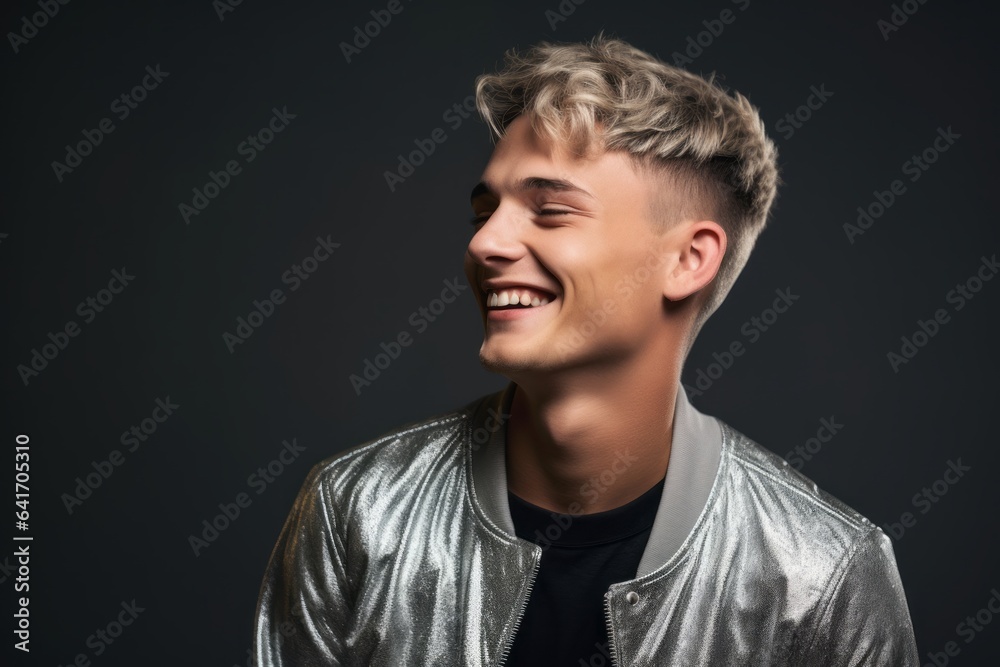 Lifestyle portrait photography of a tender boy in his 20s winking against a metallic silver background. With generative AI technology