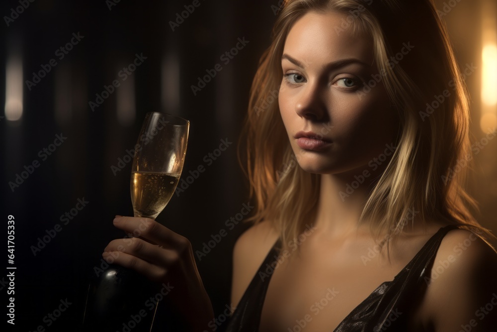 Medium shot portrait photography of a glad girl in her 20s uncorking a bottle of champagne against a metallic silver background. With generative AI technology Medium shot portrait photography of a glad girl in her 20s uncorking a bottle of champagne against a metallic silver background. With generative AI technology