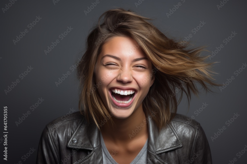 Headshot portrait photography of a happy girl in her 20s doing loser gesture mocking against a metallic silver background. With generative AI technology Headshot portrait photography of a happy girl in her 20s doing loser gesture mocking against a metallic silver background. With generative AI technology