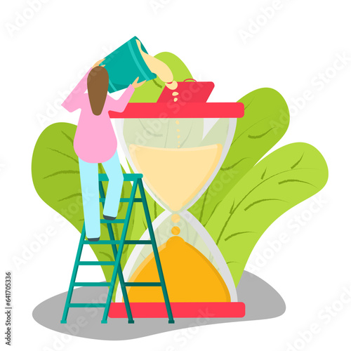Girl with bucket on the stairs is pouring sand into  sandglass. Lack of time. Flat simple illustration with green leaves on a white background.
