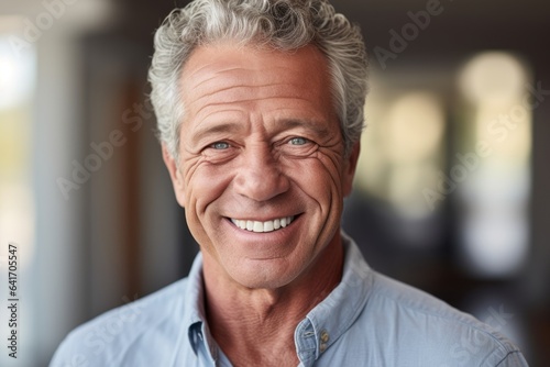 Close-up portrait photography of a happy mature man smiling against a beige background. With generative AI technology