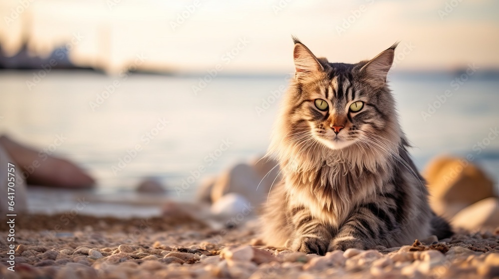 Fluffy Gray Tabby Cat by the Water - Serene Shoreline Moment