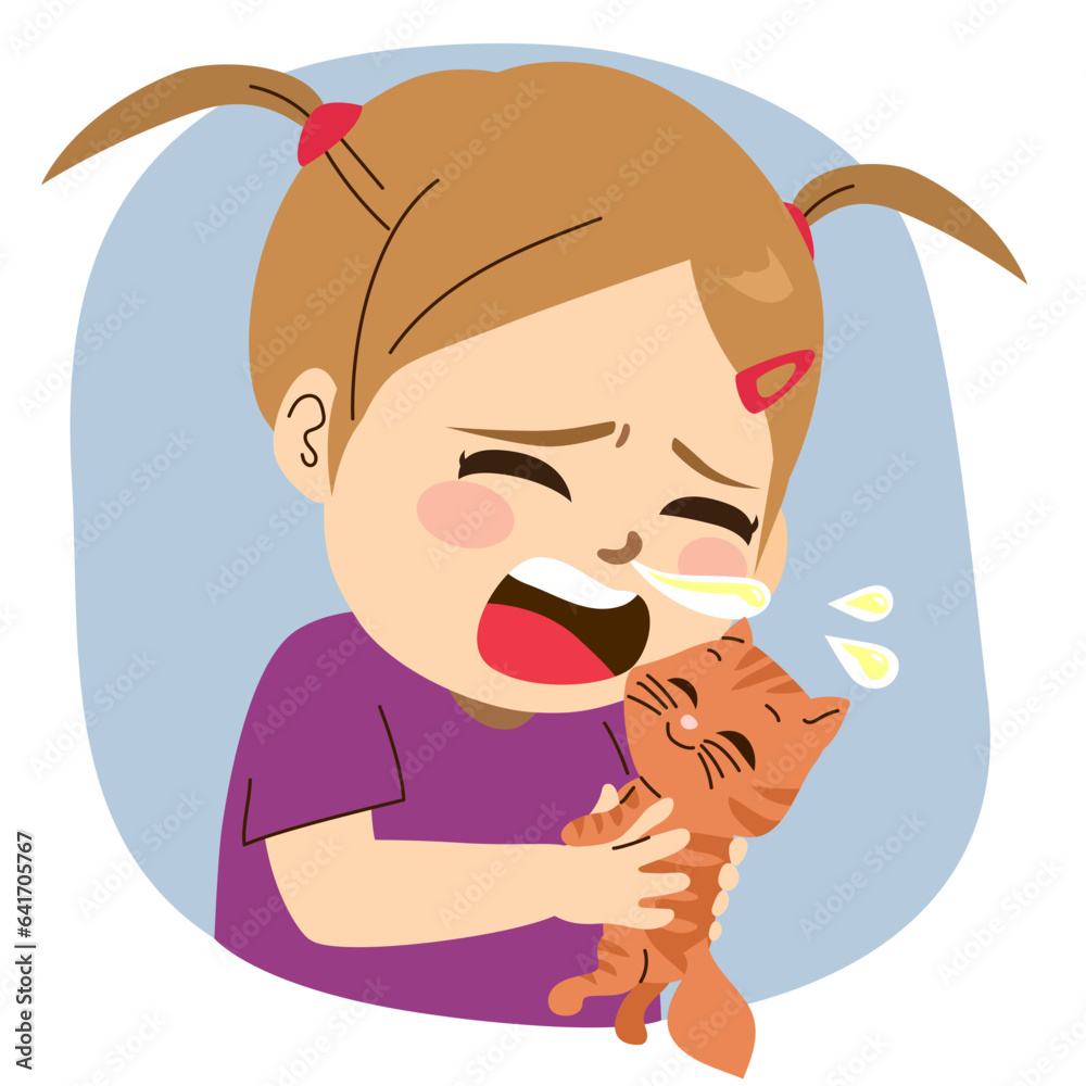 Vector illustration of sneezing girl having cat allergy holding cat
