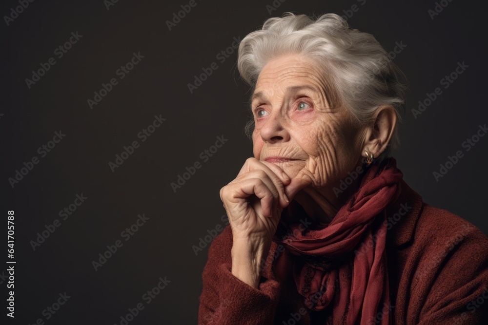 Lifestyle portrait photography of a satisfied old woman putting the hand on the chin as if thinking against a beige background. With generative AI technology