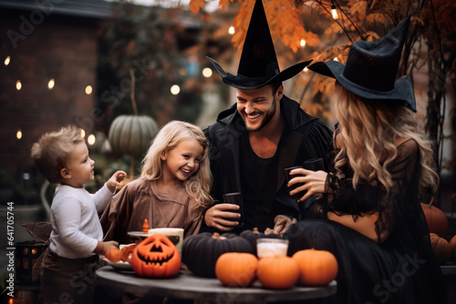 A smiling Caucasian family sitting in their yard during Halloween. 
