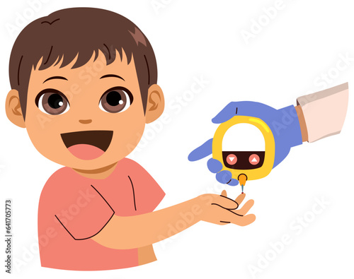Illustration of doctor hands using a blood glucose meter on a kid boy toddlers finger. Arms using digital diabetes control at home