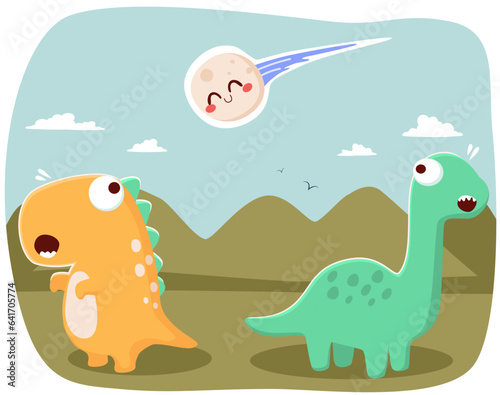 Cute dinosaurs walking in nature scared by meteor. Wild landscape with dino character, prehistoric Jurassic scenery panorama. Childish flat vector illustration of happy dragon animals 