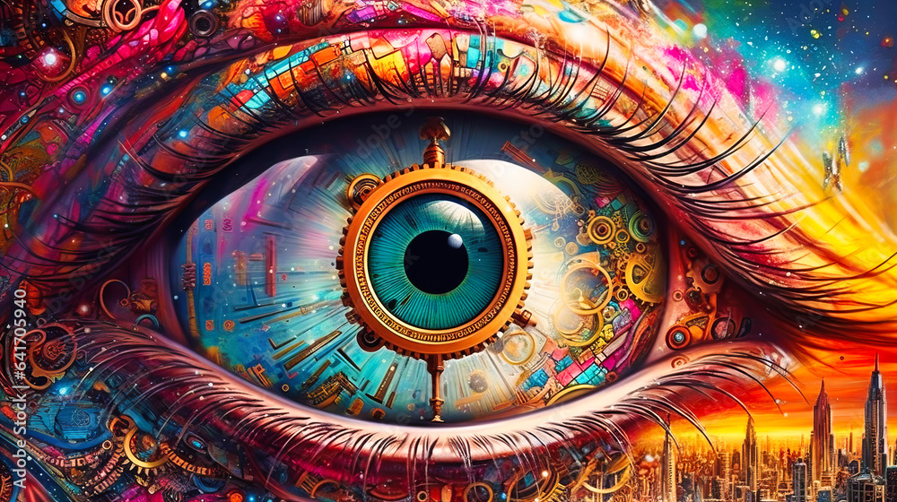 A vibrant eye featuring a cosmic backdrop on its right, capturing the allure of the universe within its gaze