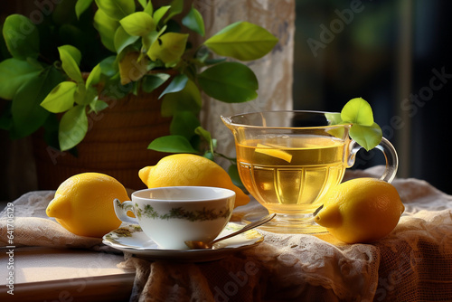Tea with lemon in a transparent cup